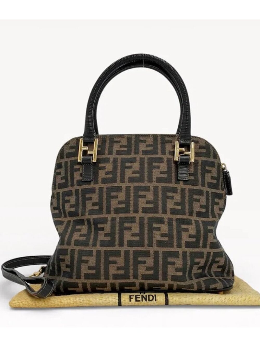 VINTAGE Fendi Zucca FF Monogram Canvas 2Way Dome Satchel Shoulder Bag Brwn/Black